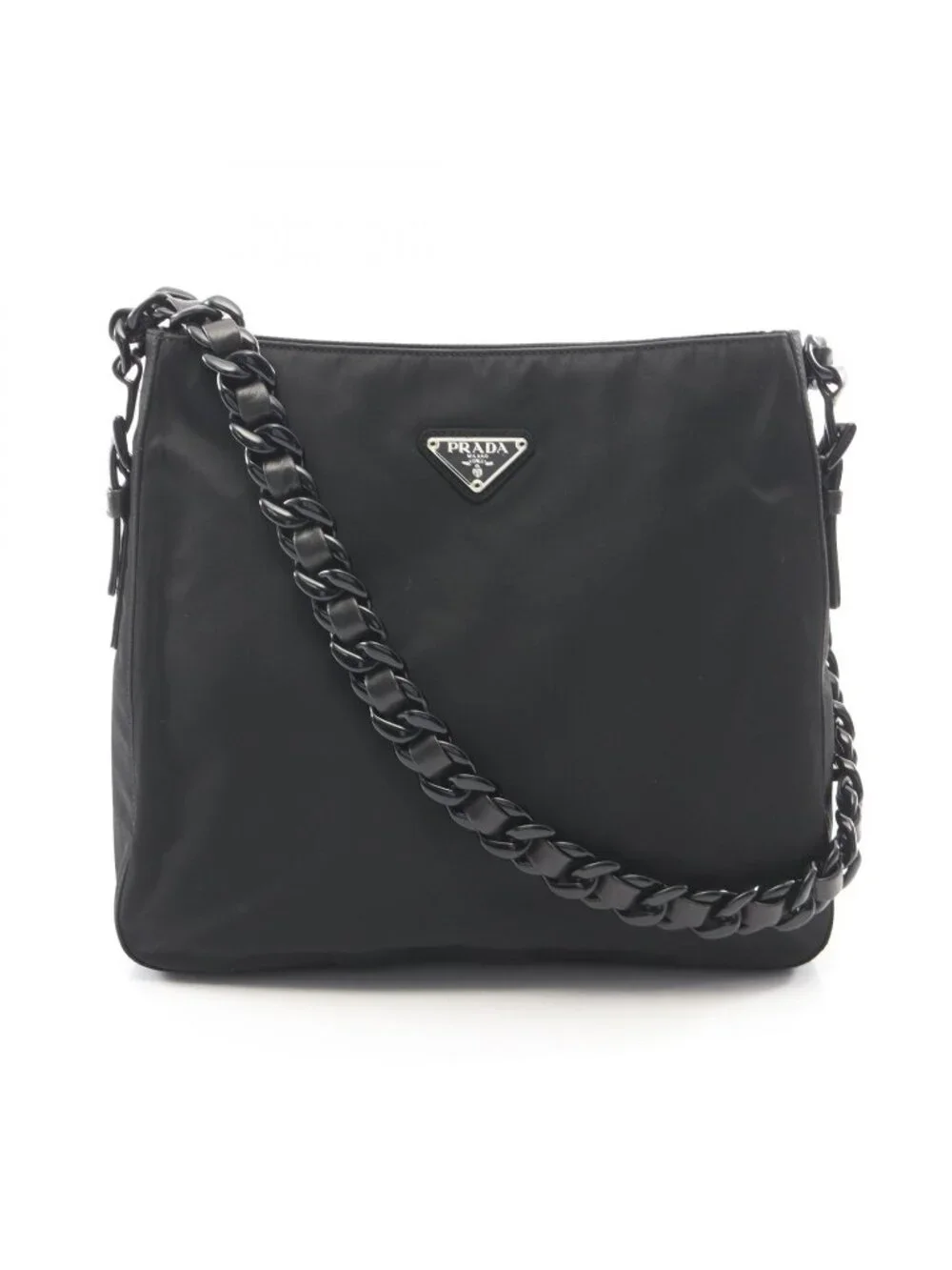 Prada Shoulder Bag Tessuto Bacheli Black Nylon Leather Triangle Logo Chain